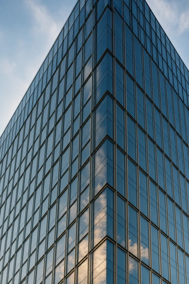 Fachada acristalada de un edificio corporativo al atardecer